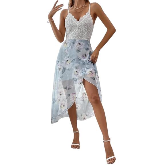 Shein Blue Floral Contrast Lace Floral Print Tulip Hem Cami Dress Sz Medium NEW - Picture 1 of 12